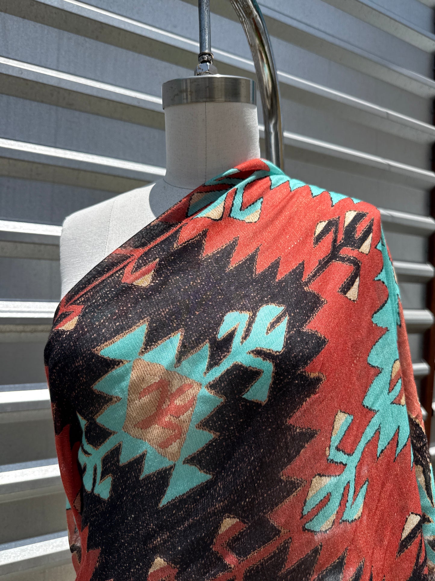 Brick Red Turquoise Southwest Ikat Print Cotton Gauze Woven "Rio Rancho"