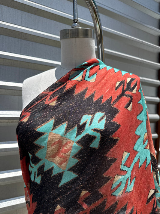Brick Red Turquoise Southwest Ikat Print Cotton Gauze Woven "Rio Rancho"
