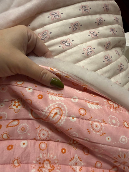 White PinkOrange Paisley Print Cotton Sateen Quilted DoubleFaced “Kayla”