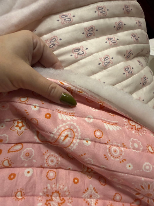 White PinkOrange Paisley Print Cotton Sateen Quilted DoubleFaced “Kayla”