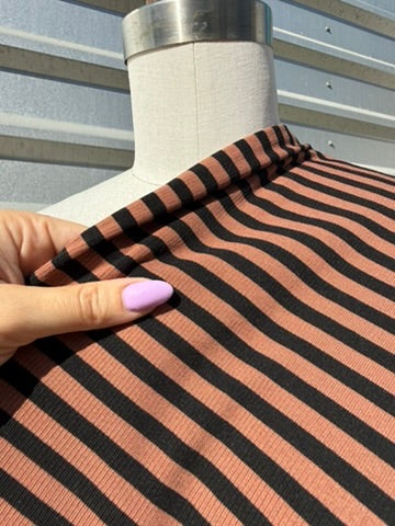 Brown Black.5" Stripe 2x1 Soft Rayon Spandex Rib Knit "Walk in Woods"