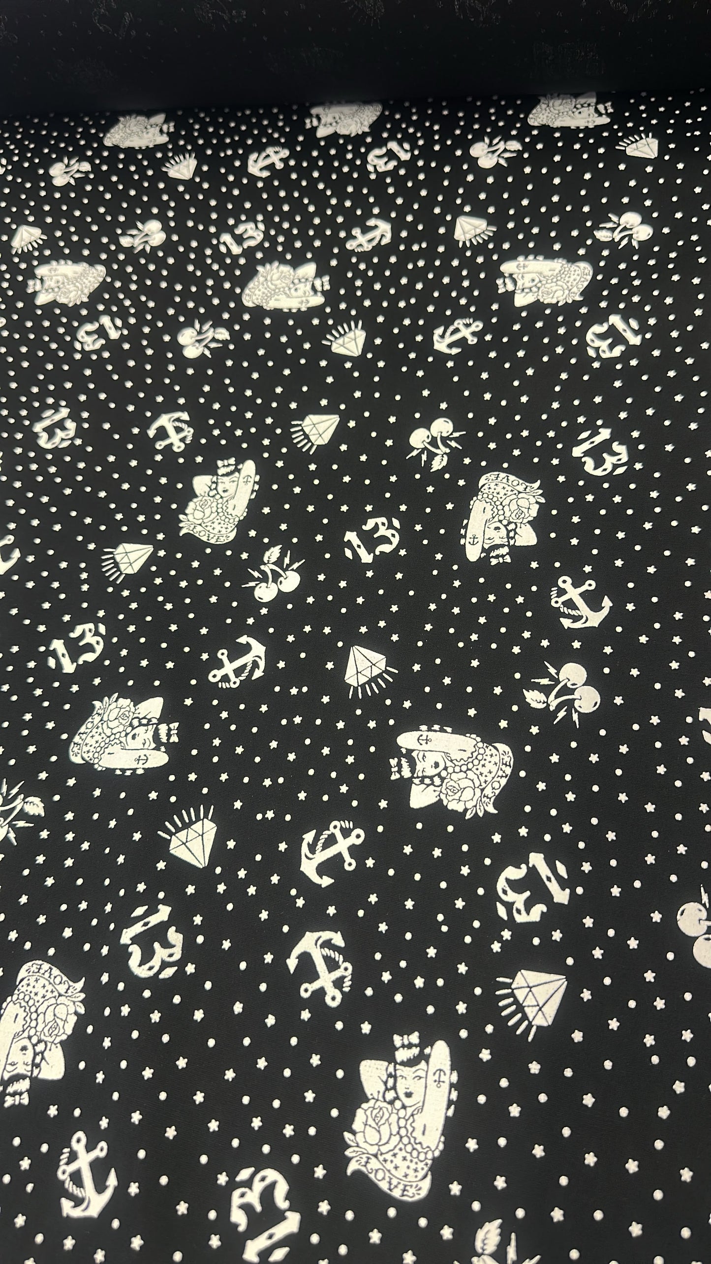 Black White Sailor Tattoo Print Cotton Poplin Woven “Lucky Girl”