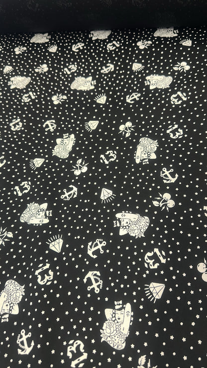 Black White Sailor Tattoo Print Cotton Poplin Woven “Lucky Girl”