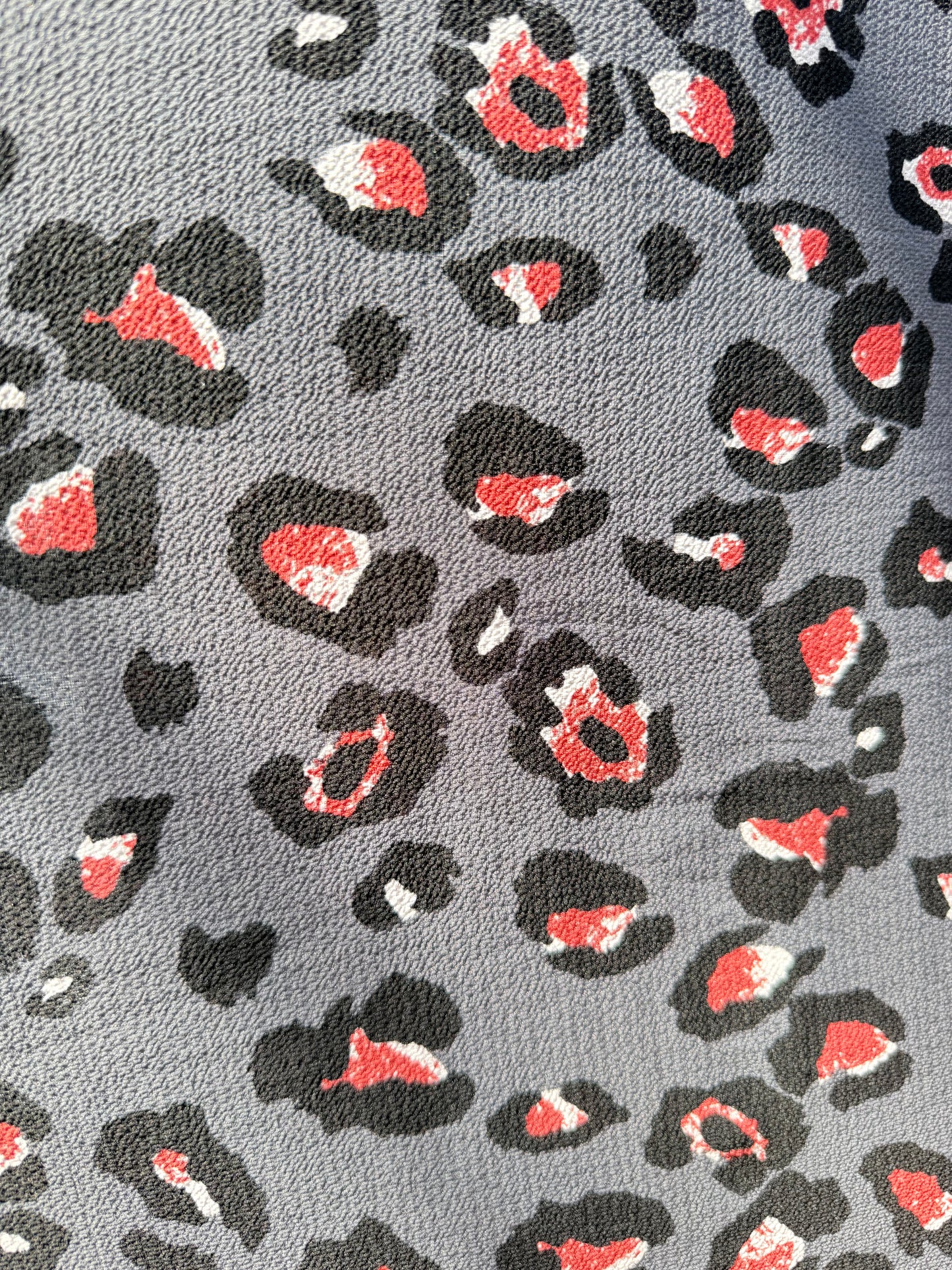 Gray Black Red White Leopard Print Polyester Crepe "Red Eye Jungle"