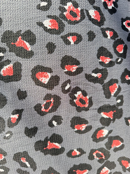 Gray Black Red White Leopard Print Polyester Crepe "Red Eye Jungle"