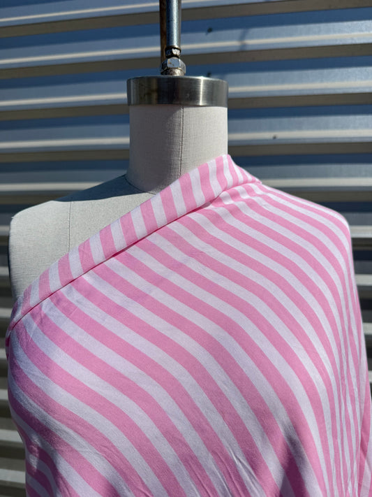 Pink White Stripe Rayon Challis Woven “Candy Stripe”