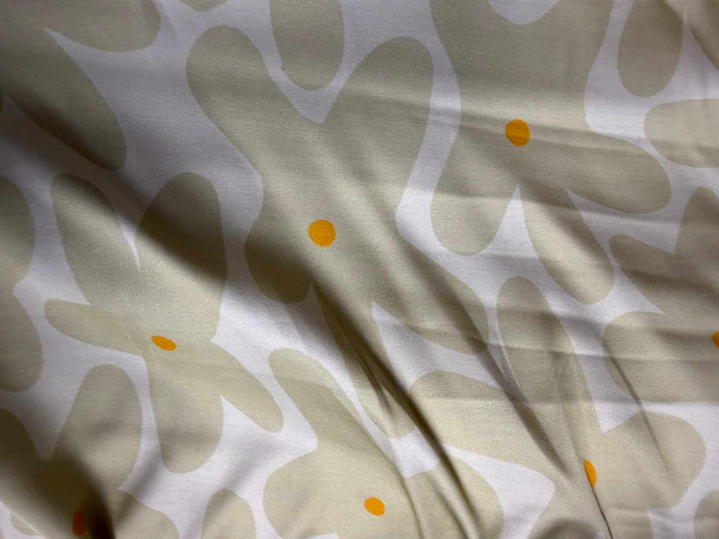 White Ivory Yellow Abstract Daisy Print Rayon Satin Woven “Sleepy Hippie”