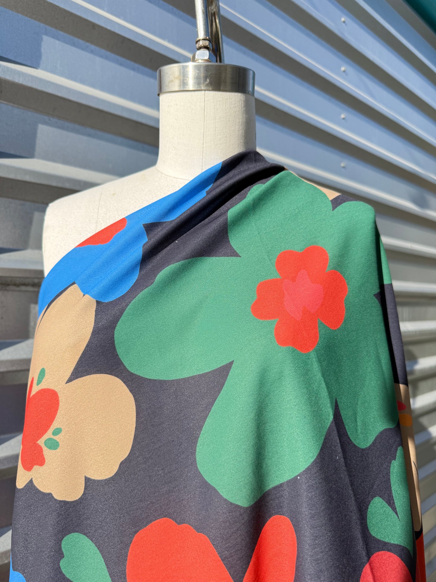Black Red Blue Green Large Floral Flower Print Polyester Crepe "Crayon Garden"