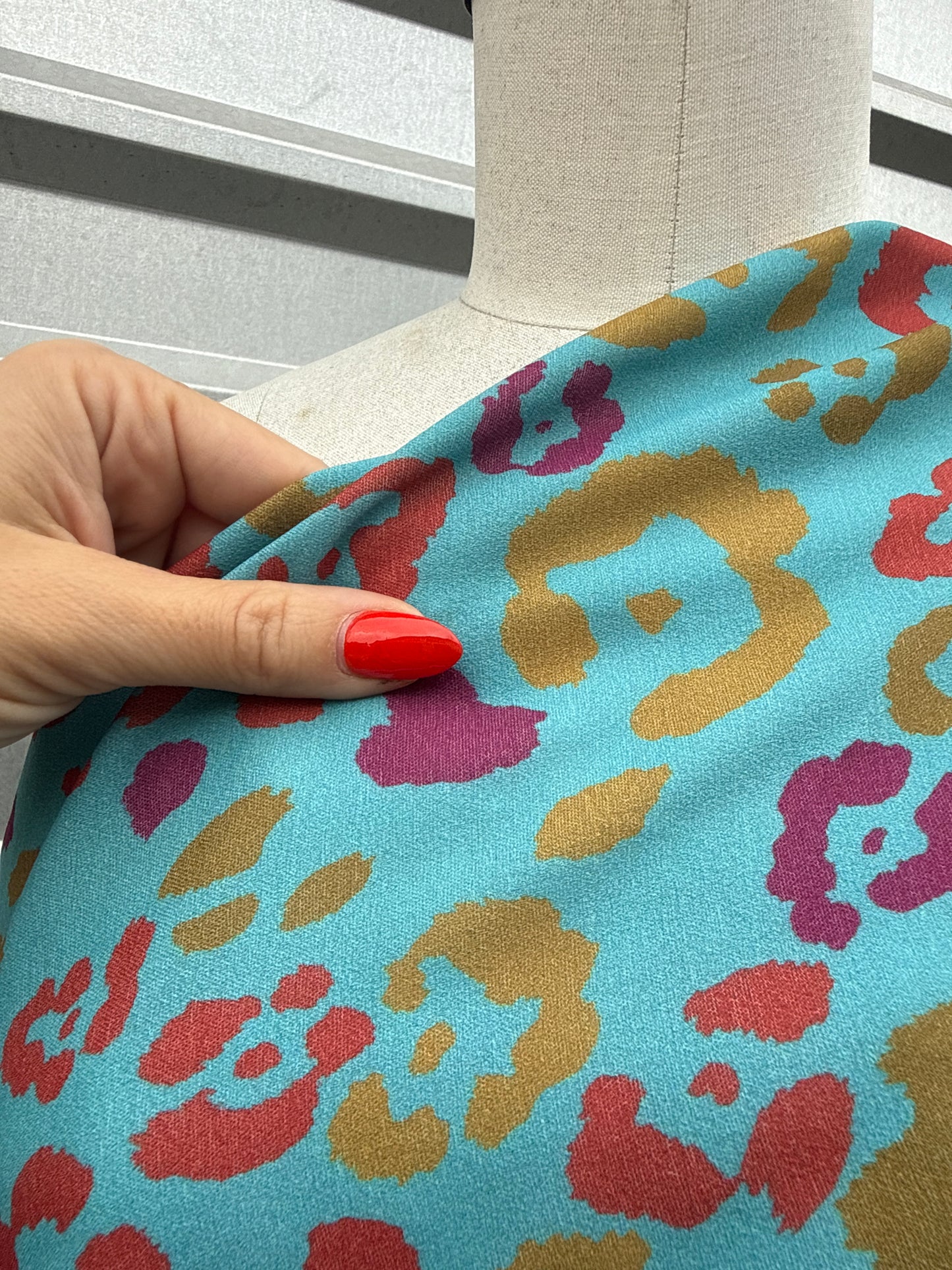 Blue Orange Yellow  Leopard Print Polyester Crepe "Meow Blues"
