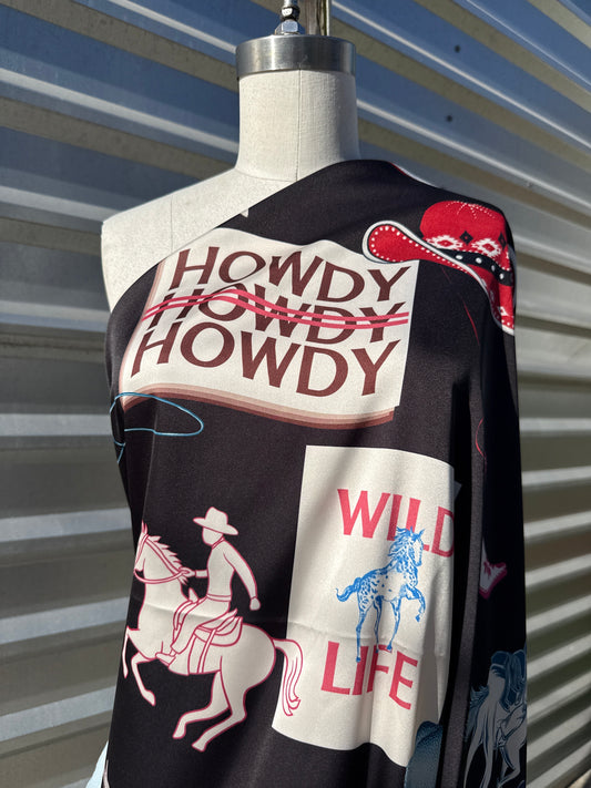 Black Blue Red Cowboy Theme Polyester Charmeuse "Howdy Life"
