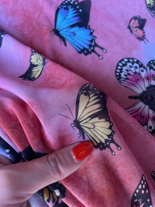 Pink Multi Color Blue Butterfly Printed  Nylon Spandex Mesh "Wings of Summer"