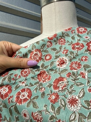 Sage Green Vintage Pink Boho Floral Cotton Woven "Tea with Grandma"