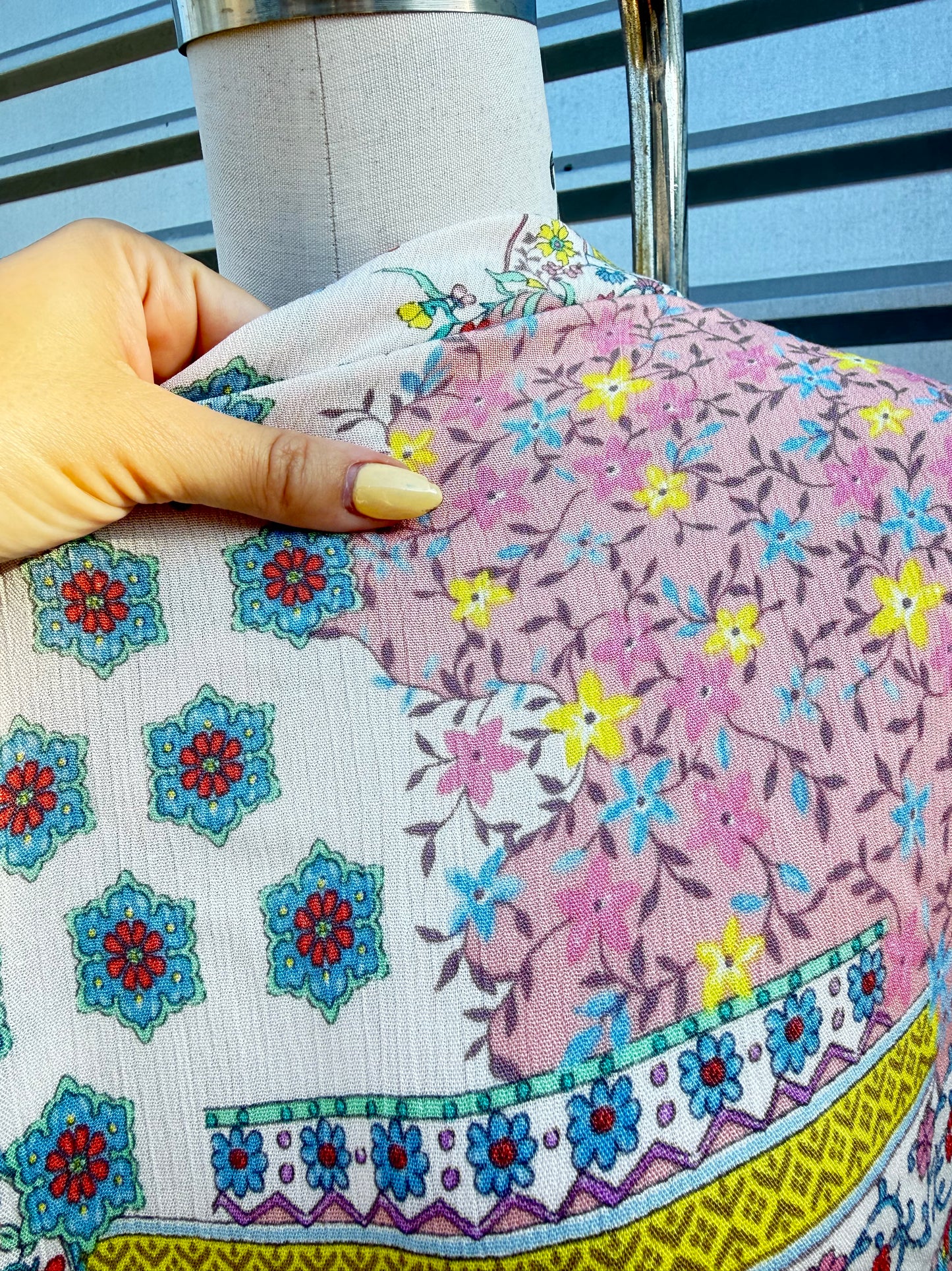 Pastel Mint Pink Boho Paisley Floral Print Rayon Crepe " Easter Glamping"