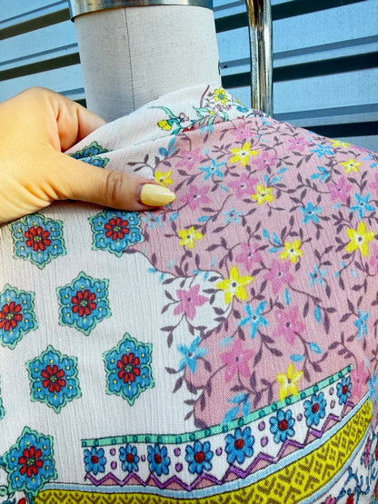 Pastel Mint Pink Boho Paisley Floral Print Rayon Crepe " Easter Glamping"