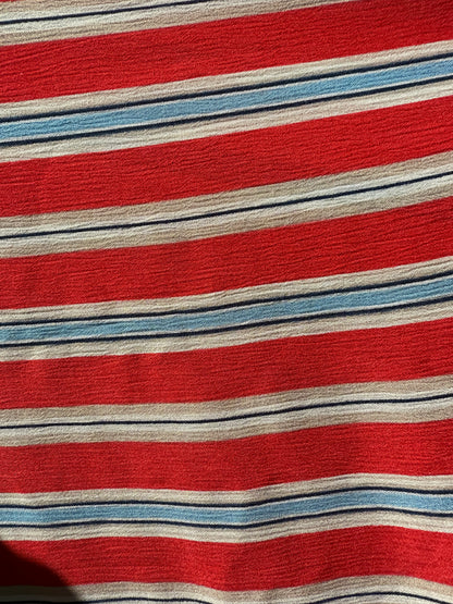 Coral Red Blue Tan Stripe Rayon Crepe Woven "Soda Shop "