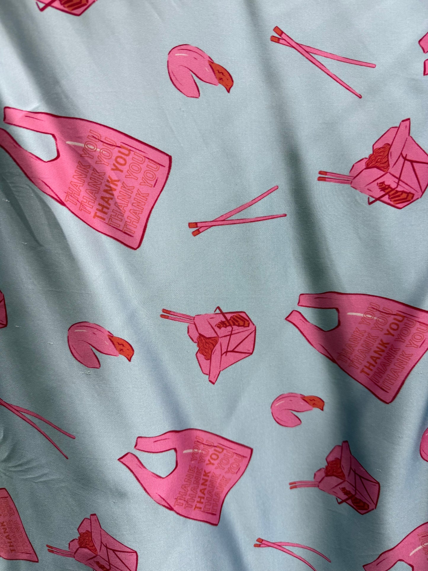 Blue Pink Take Out Bag Print Rayon Satin Woven “Take me Out”
