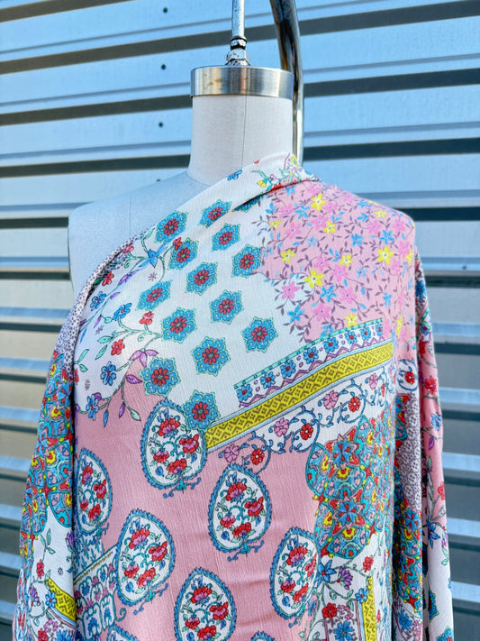 Pastel Mint Pink Boho Paisley Floral Print Rayon Crepe " Easter Glamping"