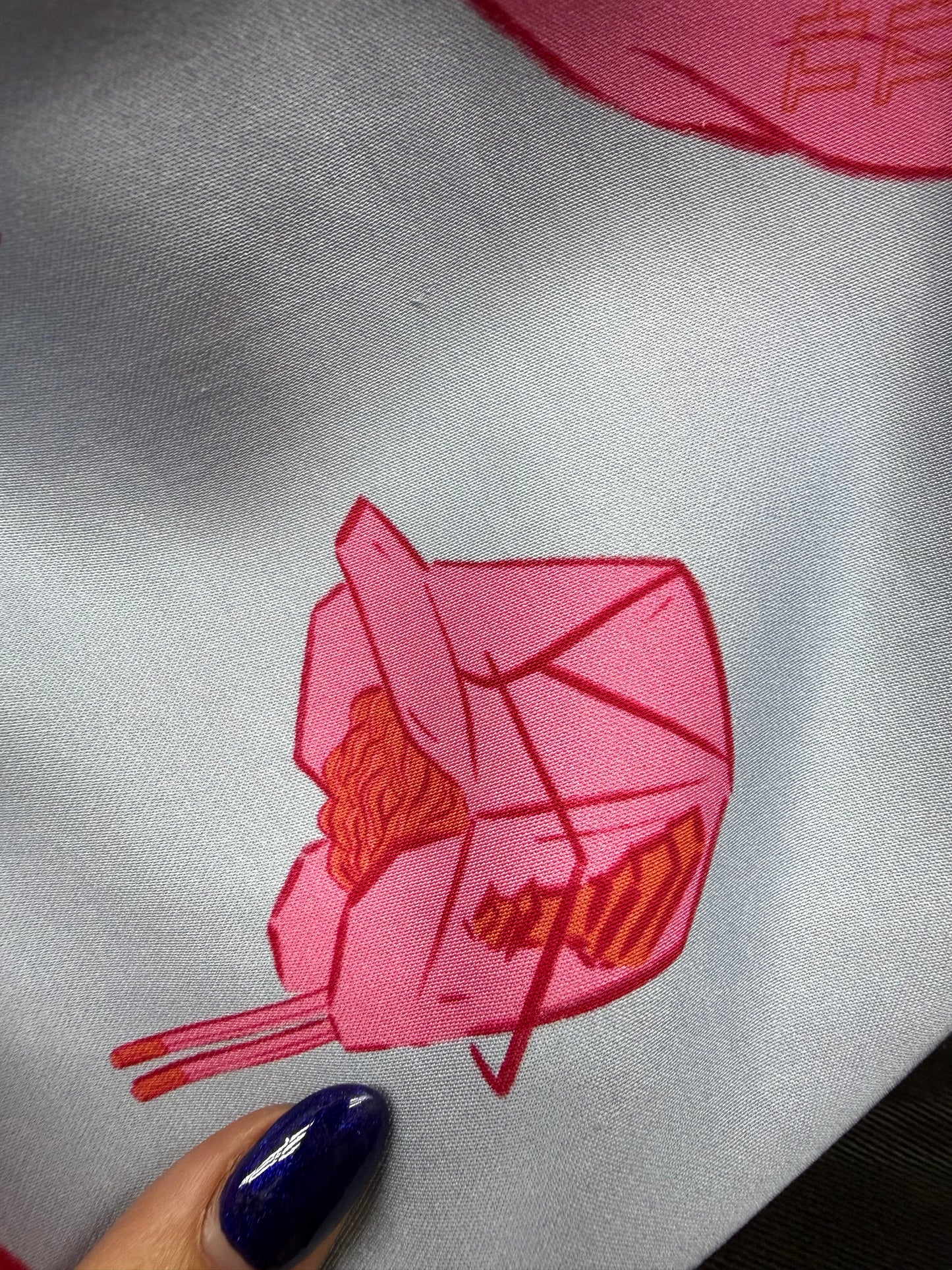 Blue Pink Take Out Bag Print Rayon Satin Woven “Take me Out”