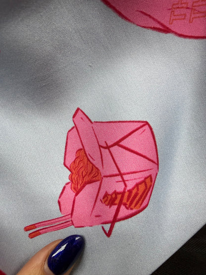 Blue Pink Take Out Bag Print Rayon Satin Woven “Take me Out”