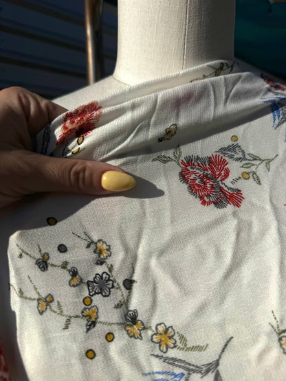 White Blue Red Bird FloralPrint Rayon Crepe Woven "Wings”