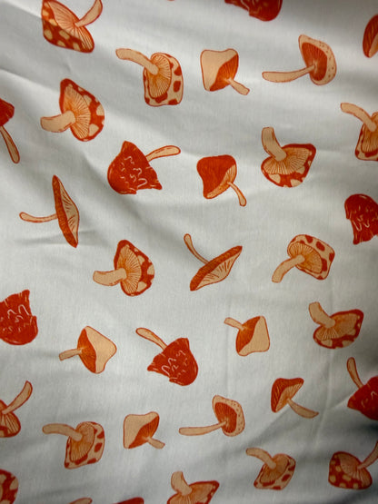 White Orange Mushroom Print Rayon Satin Woven “Smooth Trip”