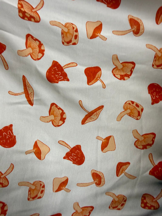 White Orange Mushroom Print Rayon Satin Woven “Smooth Trip”