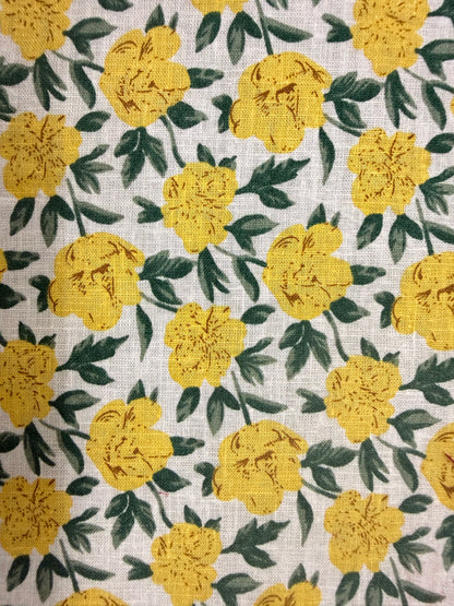 Yellow Rose White Green Print Cotton Linen Fabric "Jules”