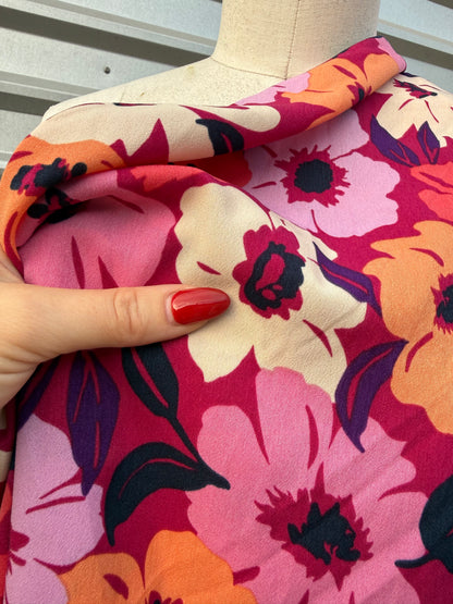 Magenta Purple Brown Retro Daisy Floral Print Polyester Crepe Woven "Me Mumu"