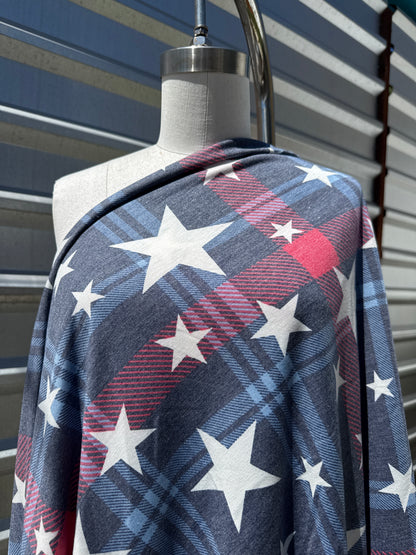 Blue Red White Plaid Star Print Rayon Spandex  Jersey Knit "July Picnic"