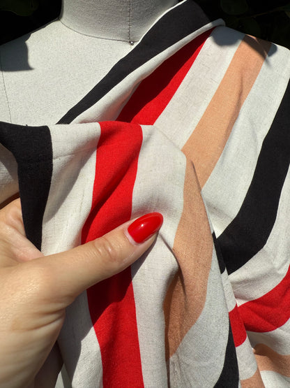 White Red Coral Black Vertical Stripe Rayon Challis Woven "Coral Chic"