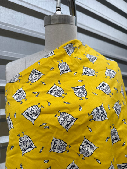 Yellow White Owl Print Cotton Spandex Sateen Woven "Life's a Hoot"