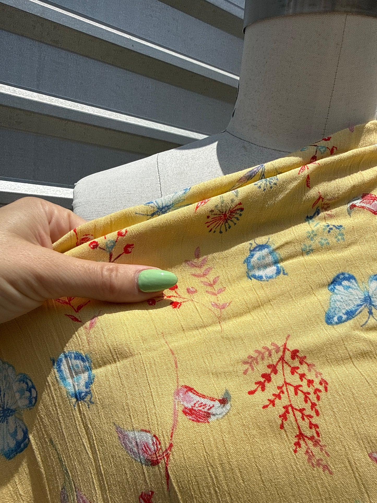 Yellow Red Blue Butterfly Floral Print Rayon Crepe Woven "Swallowtail"