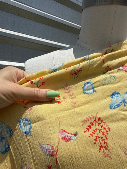 Yellow Red Blue Butterfly Floral Print Rayon Crepe Woven "Swallowtail"