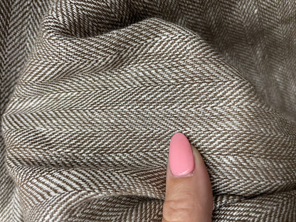 Brown White Herringbone Vintage Linen Woven "Wooded Herringbone"