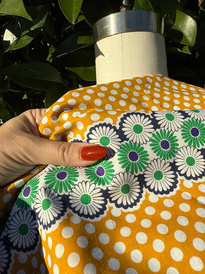 Yellow Green Blue White Daisy Retro Floral Print Cotton Voile Woven "Dandy"