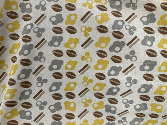 Brown Gray Yellow Coffee-Inspired print Vintage Cotton Voile "Java Jive"