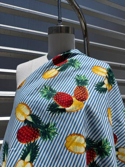 Blue White Yellow Red Pineapple Stripe Cotton Poplin “Pretty Pina”