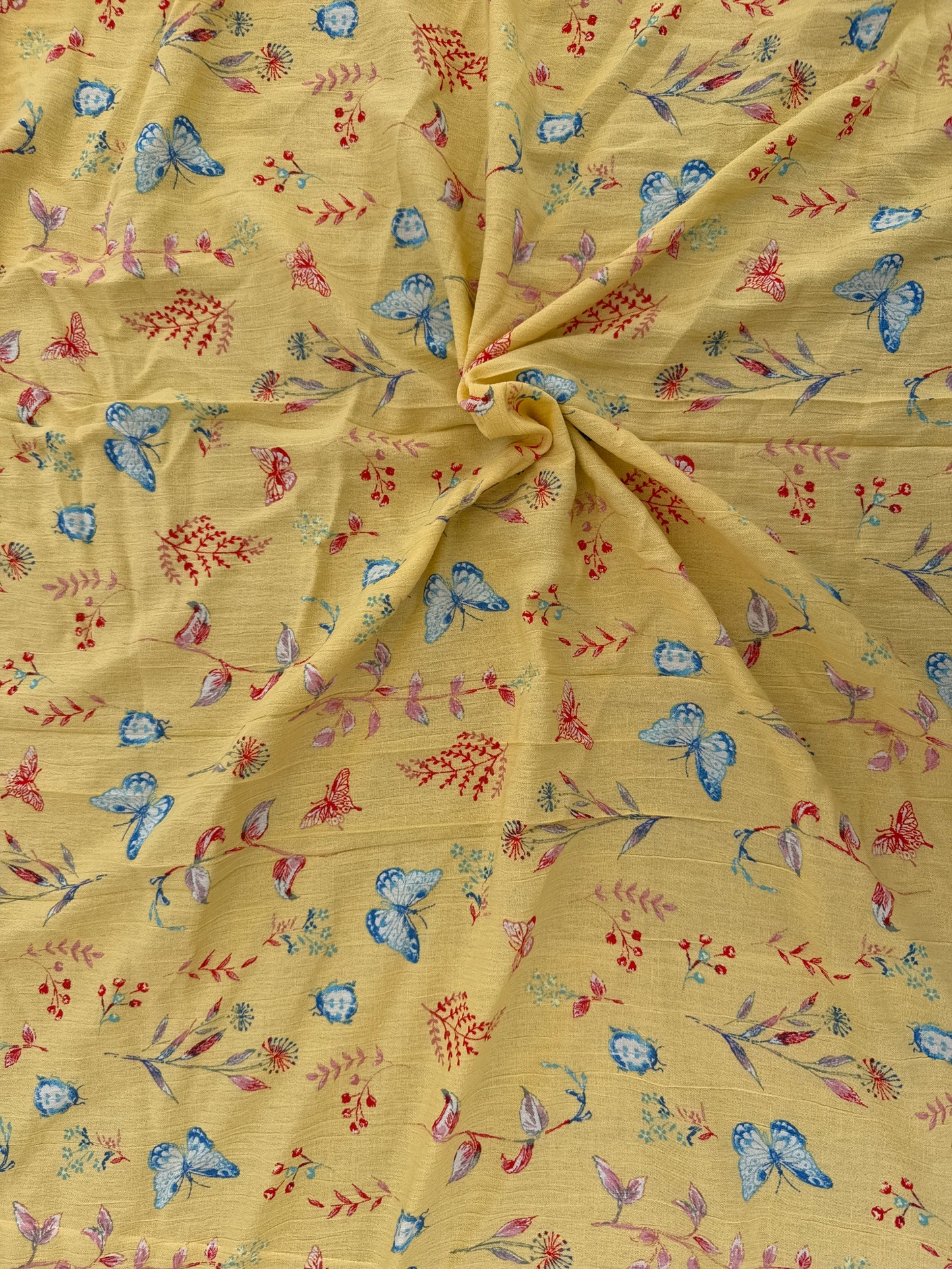 Yellow Red Blue Butterfly Floral Print Rayon Crepe Woven "Swallowtail"