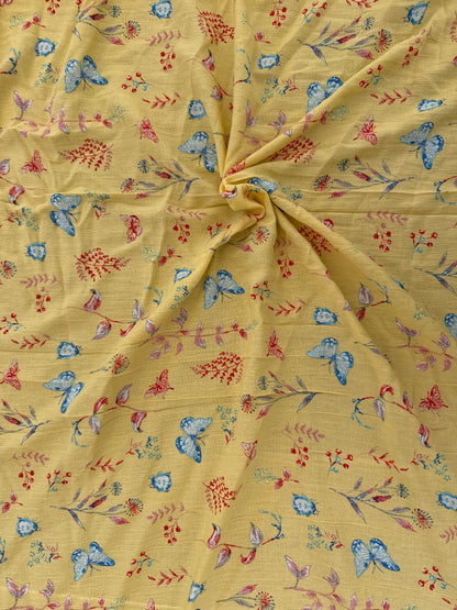 Yellow Red Blue Butterfly Floral Print Rayon Crepe Woven "Swallowtail"