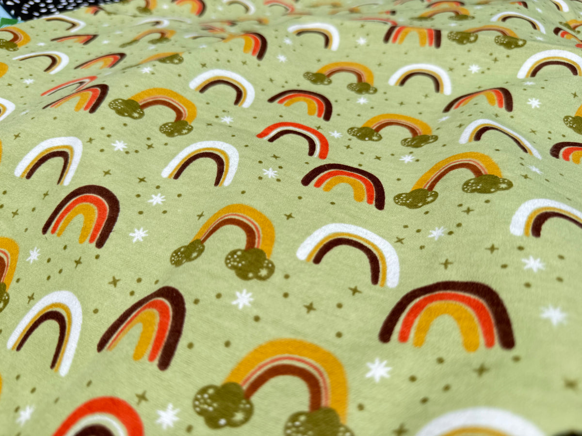 Olive Green Brown yellow Rainbow Print Quilt Cotton Flannel "Olive Cloud"