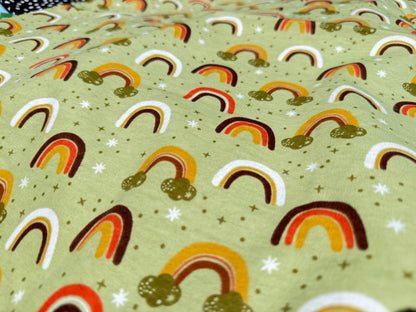 Olive Green Brown yellow Rainbow Print Quilt Cotton Flannel "Olive Cloud"