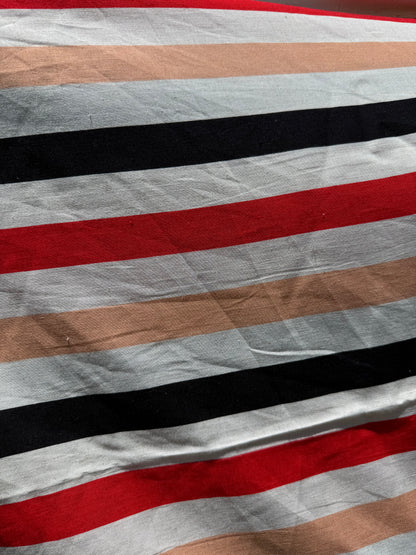 White Red Coral Black Vertical Stripe Rayon Challis Woven "Coral Chic"