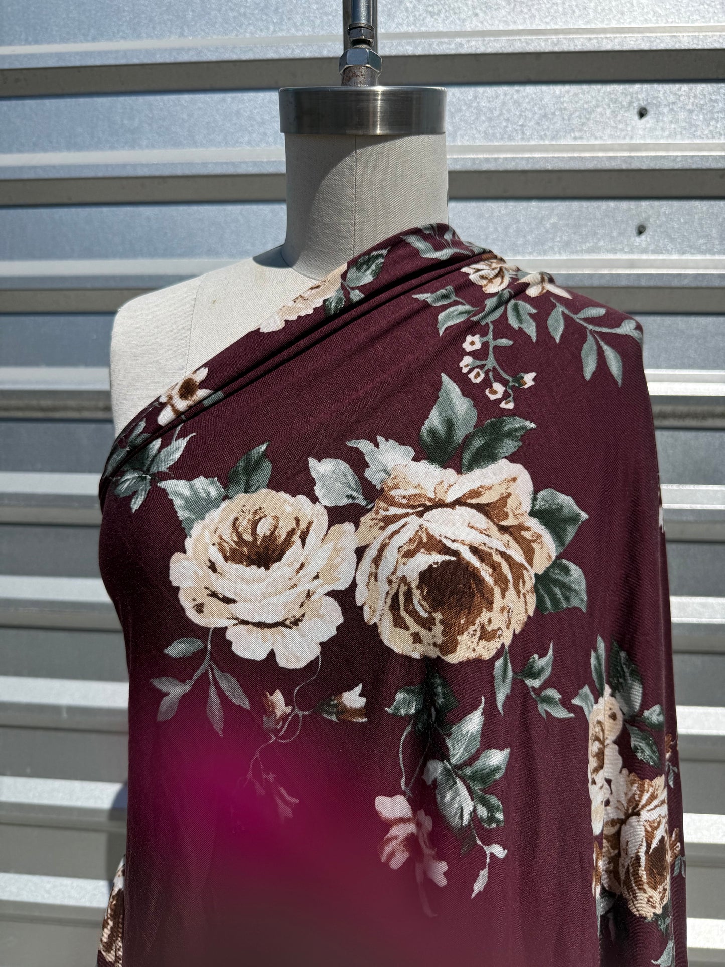 Burgundy Ivory Rose Floral Rayon Spandex Jersey Knit "Moody Rose"