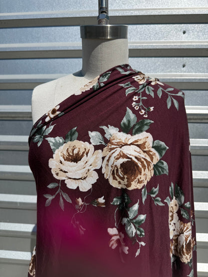Burgundy Ivory Rose Floral Rayon Spandex Jersey Knit "Moody Rose"