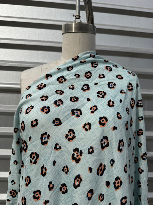 Light Blue Orange Leopard Print Rayon Challis Woven "Blue Hill Leo"