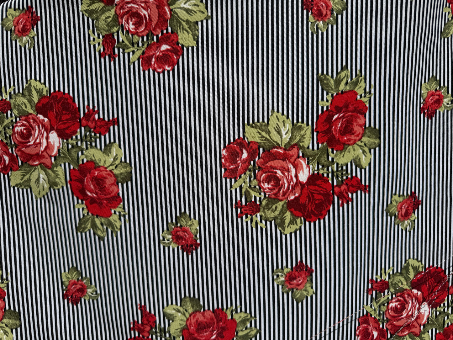 Black White Red Green Rose Floral Thin Stripe Polyester Woven "Darling Rosie"