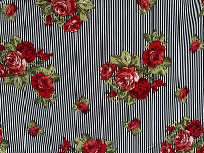 Black White Red Green Rose Floral Thin Stripe Polyester Woven "Darling Rosie"