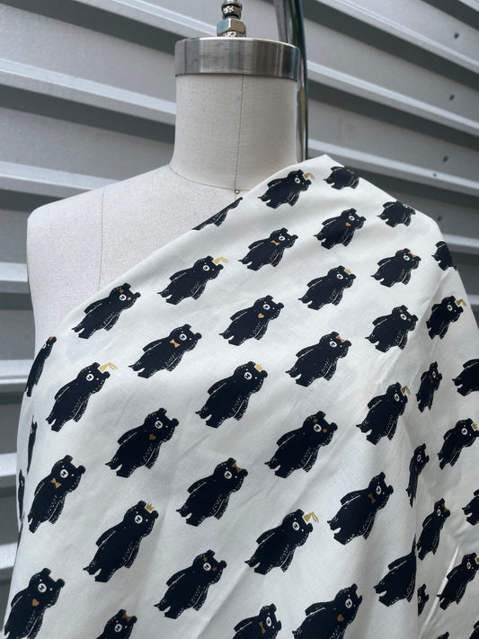 Black Bear Cream Crown Print Cotton Soft Poplin "Royal Teddies”