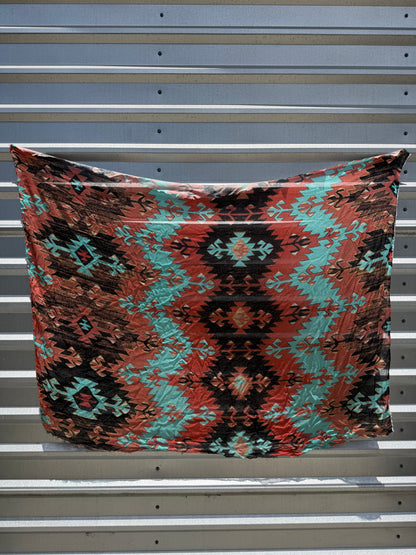 Brick Red Turquoise Southwest Ikat Print Cotton Gauze Woven "Rio Rancho"