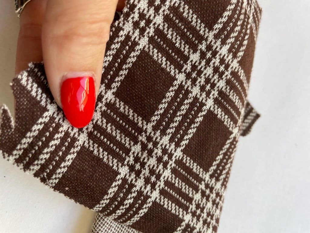 White Brown Plaid Polyester Spandex Ponte Knit "Noir Claire"